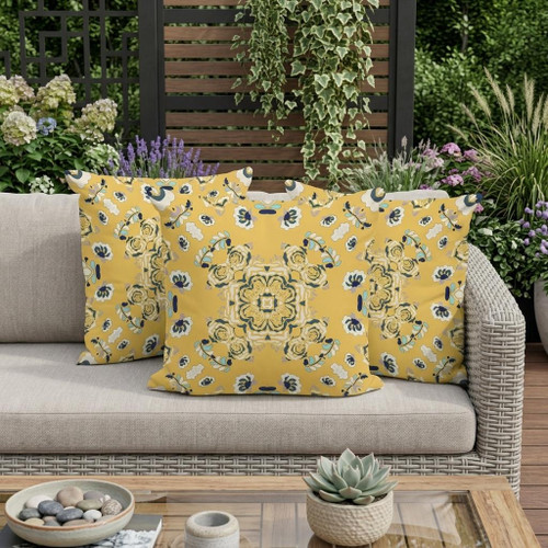 Set of Three Yellow And Blue Botanical Indoor Outdoor Throw Pillow