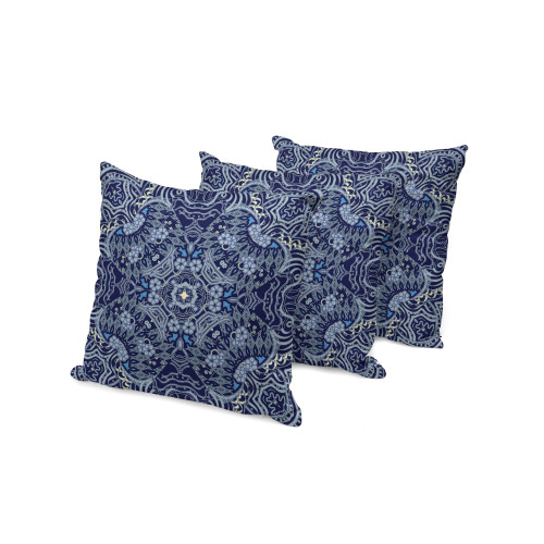 Set of Three Indigo Geometric Indoor Outdoor Throw Pillow