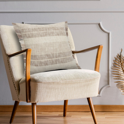 20" Tan And Ivory Striped Cotton Throw Pillow