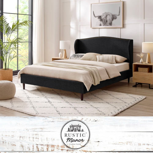 Charcoal Linen Upholstered Queen Bed Frame With Nailhead Trim