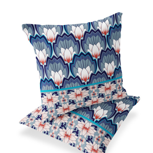 Set of Two Blue And Orange Floral Indoor Outdoor Throw Pillow