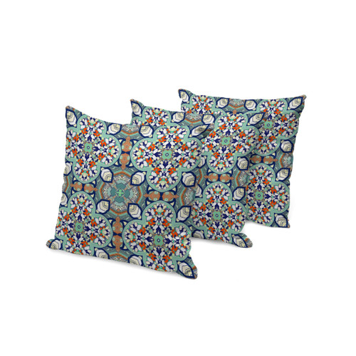 Set of Three Green And Orange Floral Indoor Outdoor Throw Pillow