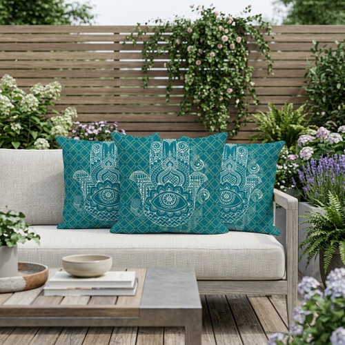 Set of Three White And Green Hamsa Indoor Outdoor Throw Pillow