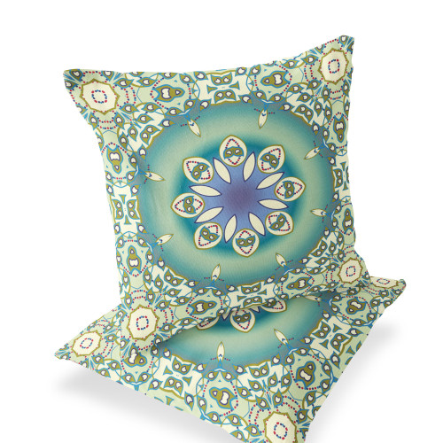 Set of Two Beige And Green Geometric Indoor Outdoor Throw Pillow