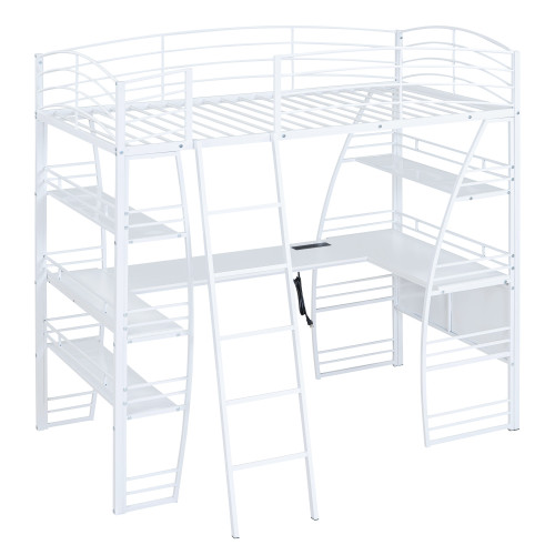 White Platform Wood Twin Loft Bed With Desk And Shelve