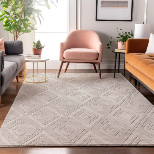 10' X 14' Ivory And Beige Geometric Washable Area Rug With UV Protection
