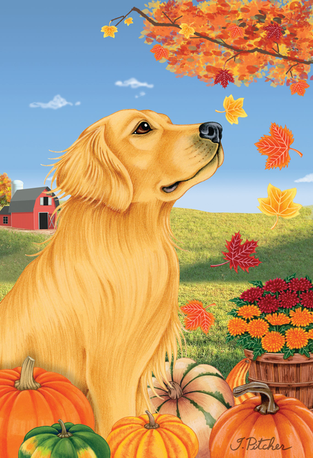 Golden Retriever - Tomoyo Pitcher Autumn Leaves Outdoor Flag