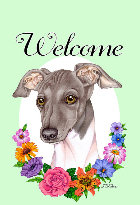 Italian Greyhound Blue/White - Best of Breed Welcome Flowers Garden Flag