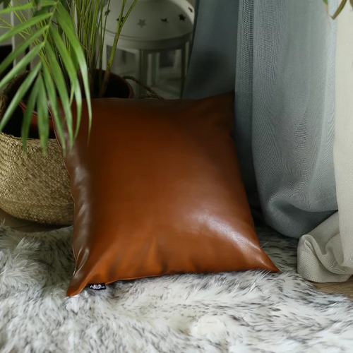 Brown Vegan Faux Leather Throw Pillow Covers