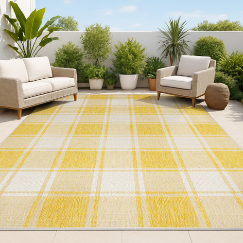 5' X 8' Yellow And Cream Gingham Indoor Outdoor Area Rug