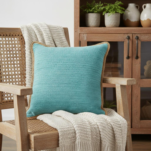 20" Blue Beach Cotton Blend Throw Pillow