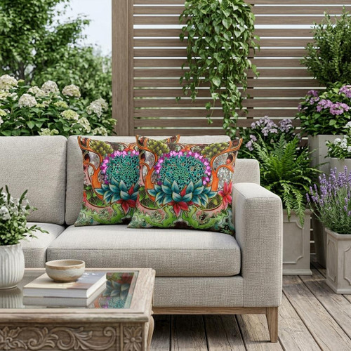 Set of Two Green Pink And Blue Sunflower Indoor Outdoor Throw Pillow