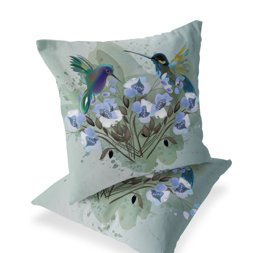 Set of Two Green And Blue Bird Indoor Outdoor Throw Pillow