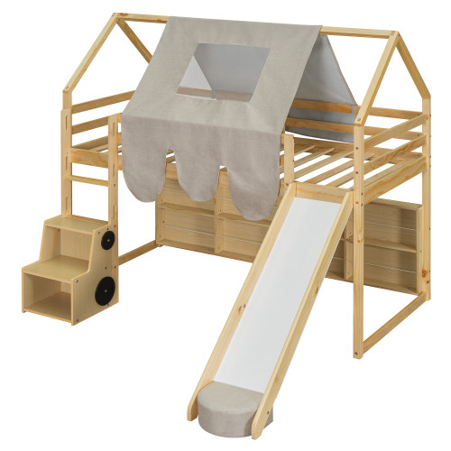 Natural Four Poster Wood Twin Loft Bed With Slide And Shelve