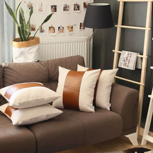 Boho-Chic Vegan Faux Leather Throw Pillow Set of 4