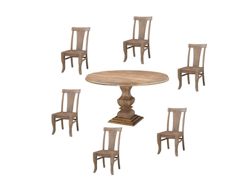 Seven Piece Brown Round Solid Wood Dining Set with Six Chairs