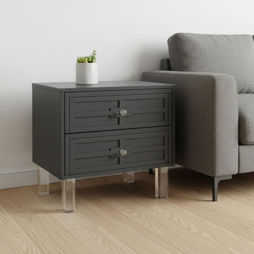 24" Dark Gray and Clear Wood End Table With Two Drawers