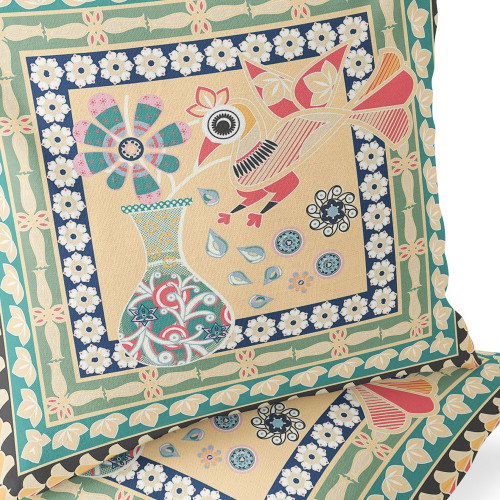 Set of Two Beige Green And Pink Peacock Indoor Outdoor Throw Pillow