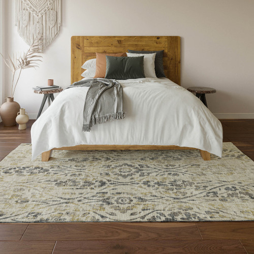 3' X 5' Beige Gray And Gold Floral Washable Area Rug With UV Protection