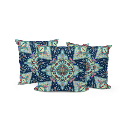 Set of Three Indigo And Aqua Floral Indoor Outdoor Throw Pillow