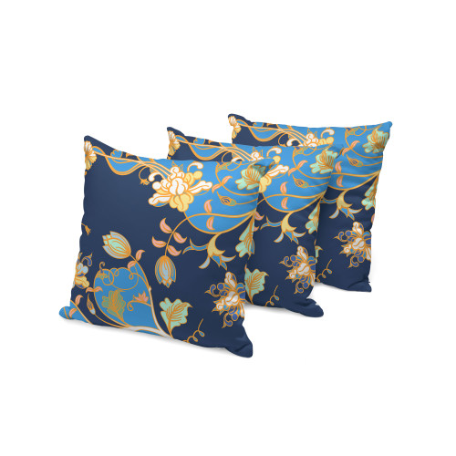 Set of Three Light Blue And Navy Blue Floral Indoor Outdoor Throw Pillow