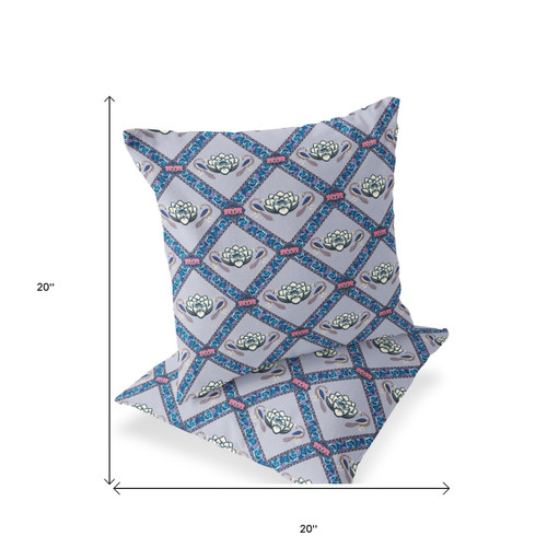 Set of Two Gray Blue And Pink Floral Indoor Outdoor Throw Pillow