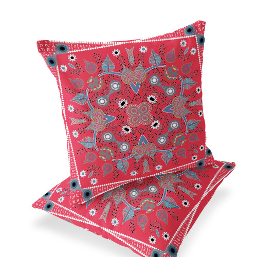 Set of Two Red Gray And Blue Botanical Indoor Outdoor Throw Pillow