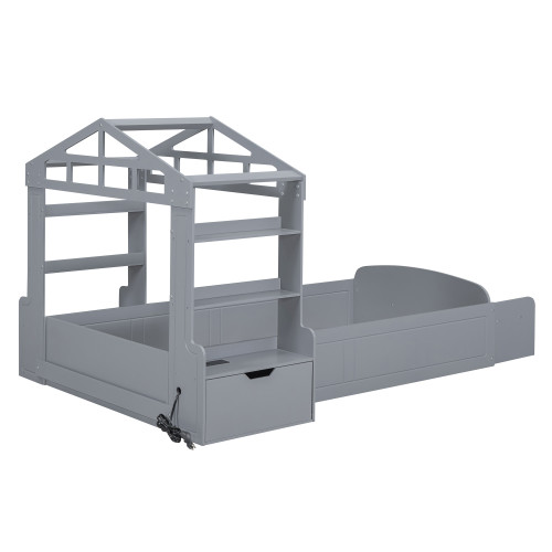 Gray Wood Twin House Bed With USB