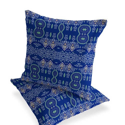 Set of Two Navy Blue And Blue Botanical Indoor Outdoor Throw Pillow
