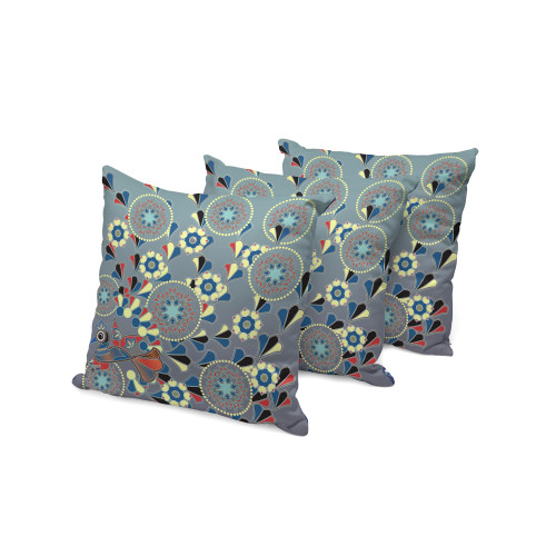 Set of Three Gray Red And Blue Peacock Floral Indoor Outdoor Throw Pillow