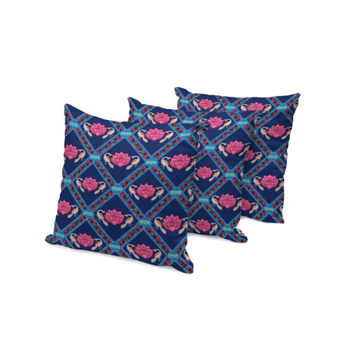 Set of Three Indigo And Pink Peacock Floral Indoor Outdoor Throw Pillow