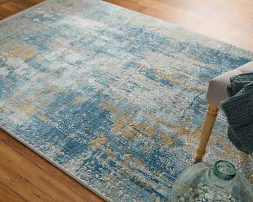 13' X 20' Blue Gold and Gray Abstract Power Loom Area Rug With Fringe