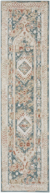 10' Ivory Green And Orange Oriental Non Skid Runner Rug