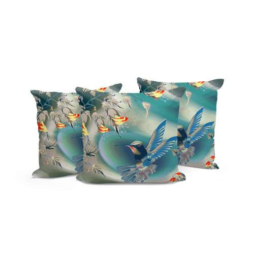 Set of Three Turquoise And Blue Bird Indoor Outdoor Throw Pillow
