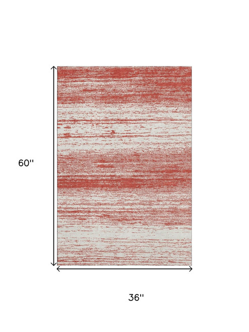 3' X 5' Red And Ivory Striped Washable Area Rug With UV Protection