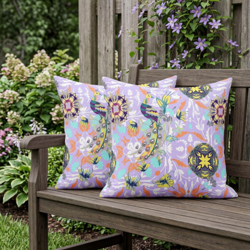 Set of Two Purple And Yellow Peacock Indoor Outdoor Throw Pillow