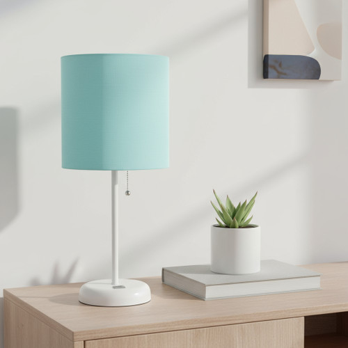 20" White Metal USB Table Lamp LED With Aqua Drum Shade