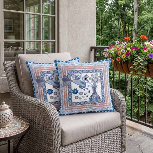 Set of Two Blue Peach And Gray Peacock Indoor Outdoor Throw Pillow