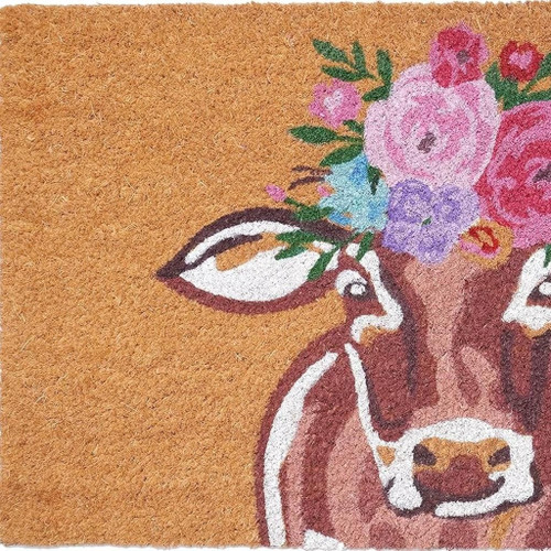 24" X 36" Brown And Pink Floral Cow Outdoor Coir Door Mat