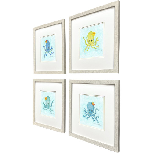 Set Of Four Baby Octopus Distressed White Framed Wall Art