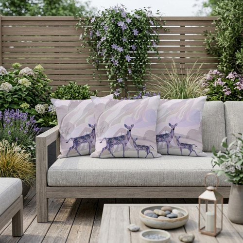 Set of Three Beige Black Purple And Brown Deer Indoor Outdoor Throw Pillow