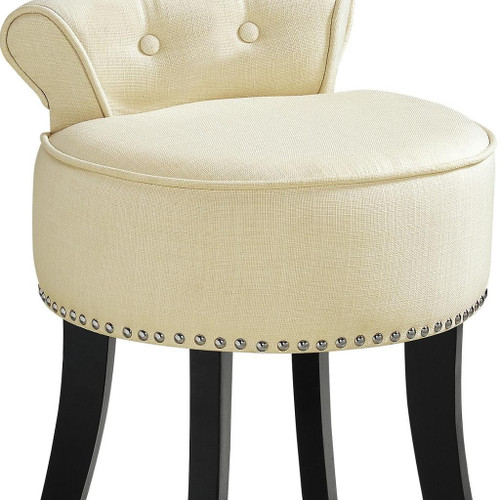 18" Cream and Black Linen Tufted Round Footstool