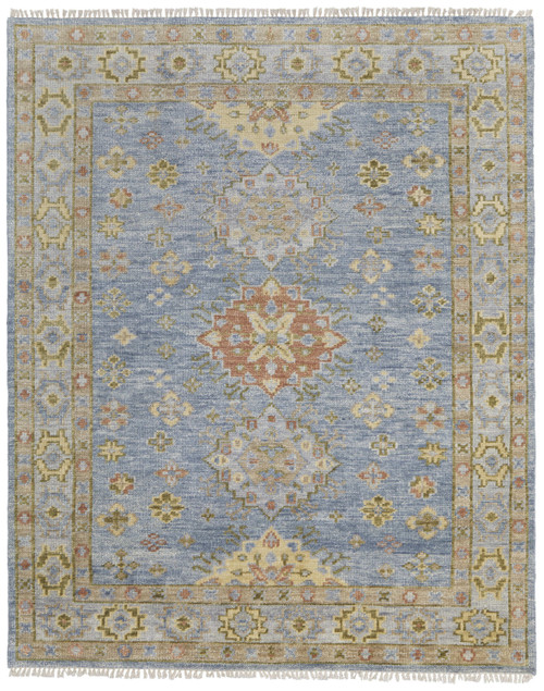 12' X 15' Blue Green And Yellow Geometric Hand Knotted Area Rug With Fringe