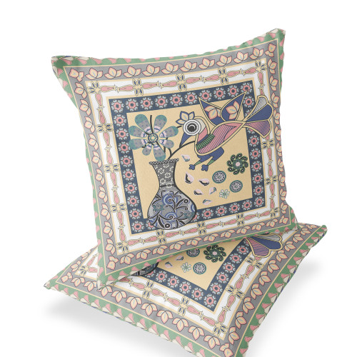 Set of Two Beige Pink And Green Peacock Indoor Outdoor Throw Pillow