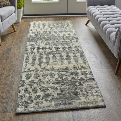 8' Gray Taupe and Ivory Wool Abstract Hand Knotted Runner Rug