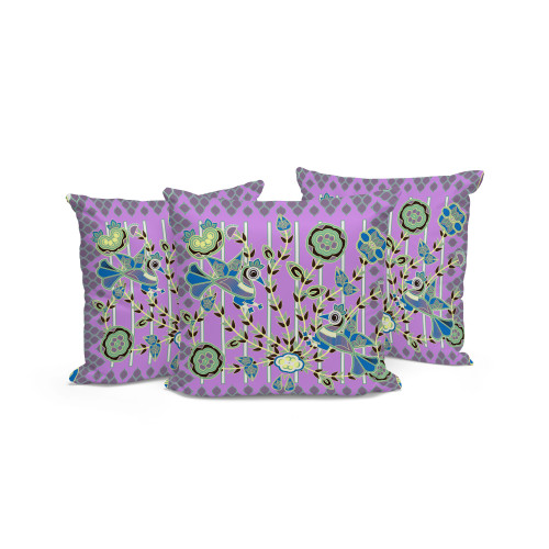 Set of Three Purple Green And Yellow Peacock Indoor Outdoor Throw Pillow