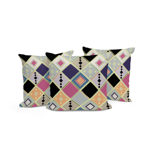 Set of Three Pink And Gold Diamond Indoor Outdoor Throw Pillow