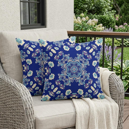 Set of Two Blue And Off White Botanical Indoor Outdoor Throw Pillow