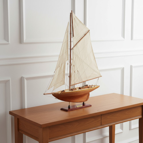 32" Brown Solid Wood Hand Painted Model Boat Tabletop Sculpture