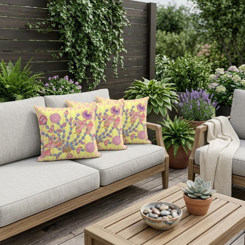 Set of Three Yellow Peacock Indoor Outdoor Throw Pillow